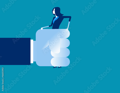 Businesswoman in a big hand. Concept business vector illustration.