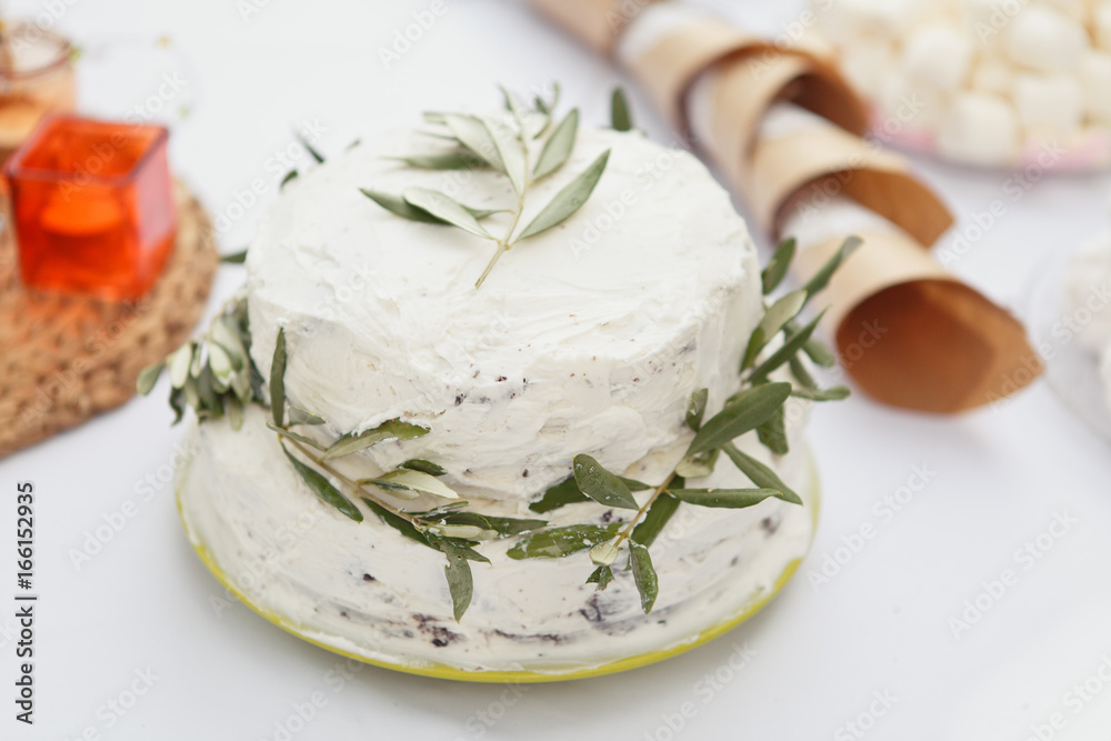 Cake for Wedding or Birthday party. White rustic cake with fresh olive branches