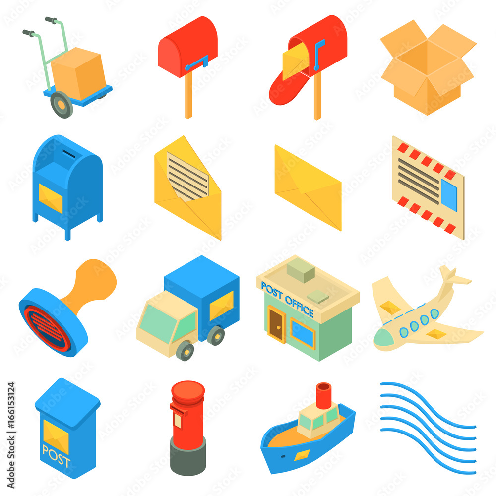 Poste service icons set, isometric style Poste service icons set, isometric style