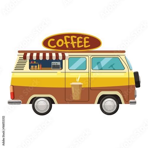 Van mobile cafe icon, cartoon style
