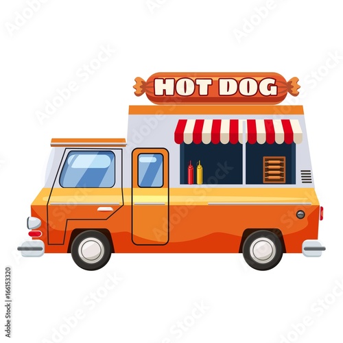 Hot dog van mobile snack icon, cartoon style