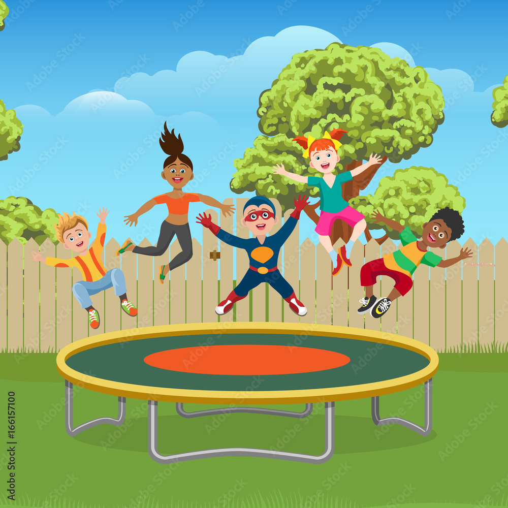 Energetic and happy kids jumping on trampoline in the garden, vector  ilustration Stock Vector | Adobe Stock