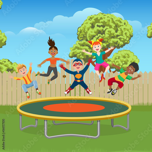 Energetic and happy kids jumping on trampoline in the garden, vector ilustration