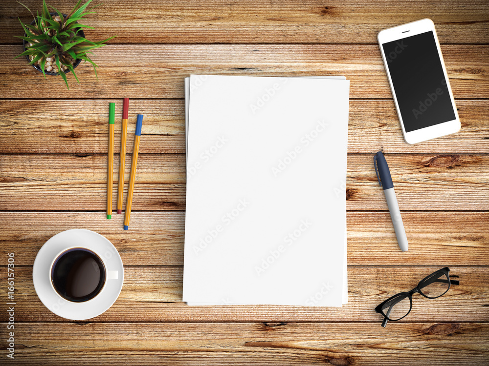 Modern office desk workplace with blank paper, coffee cup, sunglasses and smartphone copy space on wood table background. Top view. Flat lay style. Modern office desk workplace with blank paper, coffee cup, sunglasses and smartphone copy space on wood table background. Top view. Flat lay style.