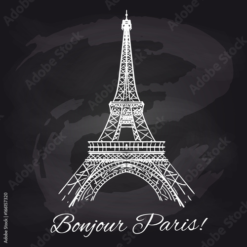 Plakat Francuski chalkboard plakat z wieżą eifla i dekoracyjnymi elementami, wektorowa ilustracja