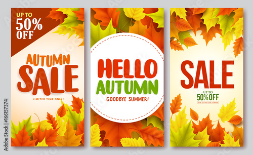 Autumn sale and hello autumn vector design set of posters and background for fall season with maple leaves. Vector illustration.

