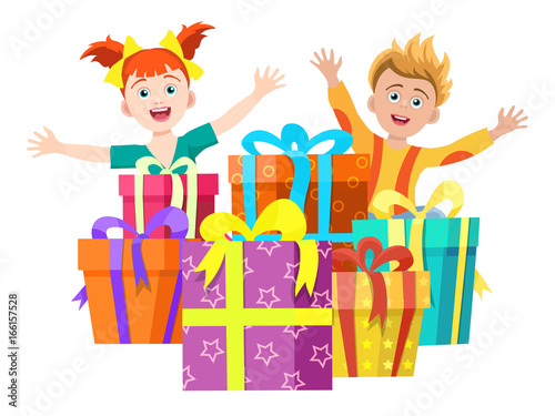 Happy kids with gifts  vector illustration. Boy and girl and gift boxes isolated on white