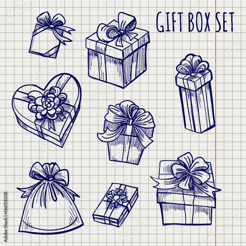Ballpoint pen sketch of gift box on notebook page, vector illustration