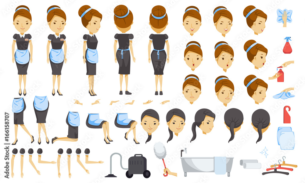 Housekeeping cartoon creation  character. Icons with different  types of faces and hair style, emotions, front, rear, side view of female   arms, legs. Easy to modify for works. Stock Vector |