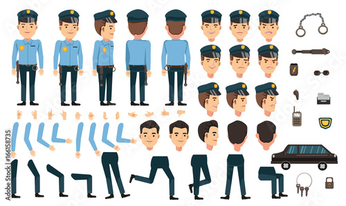 Security guard creation set. animated character. Icons with different types of faces and hair style, emotions, front, rear, side view of male person. Moving arms, legs.Vector Isolated on background