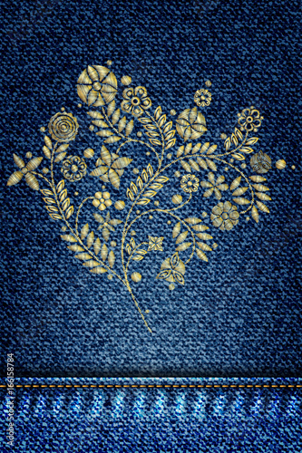 Girl denim texture with embroidery gold trend floral bouquet. Stitch patch jeans dress. Contemporary traditional folk with golden flowers arrangements on blue background for dress design. Vector.