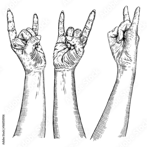 Male and female hand sign set. Hand drawn man and woman wrist isolated on white background. Boy and girl fist or forearm Rock and Roll gesture. Demon, evil, satan, black metal music symbol. Vector.