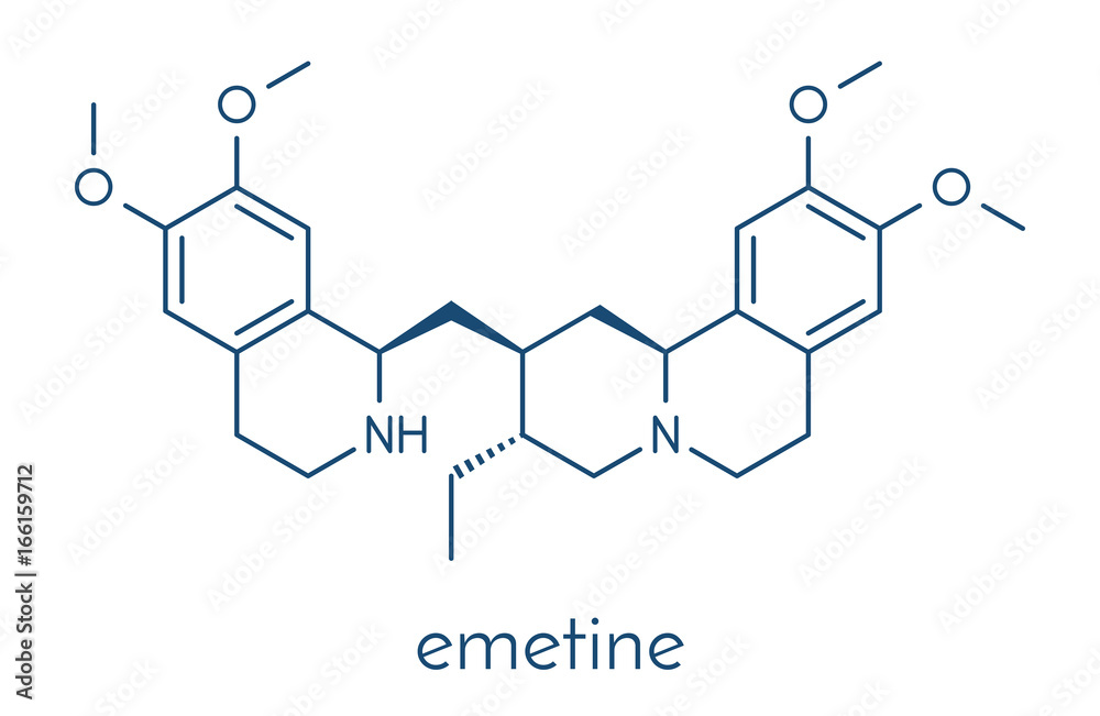 Emetine molecule. Has emetic (induces vomiting) and anti-protozoal properties. Skeletal formula. Emetine molecule. Has emetic (induces vomiting) and anti-protozoal properties. Skeletal formula.