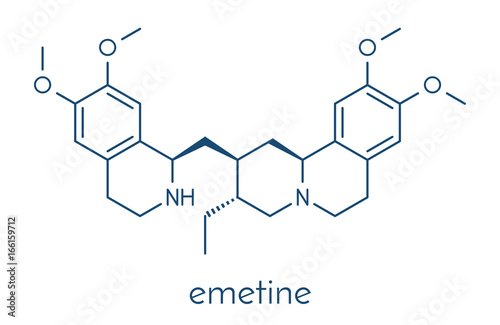 Emetine molecule. Has emetic (induces vomiting) and anti-protozoal properties. Skeletal formula.