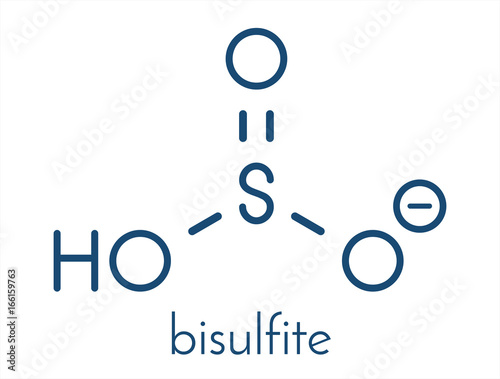 Bisulfite anion, chemical structure. Common salts include sodium bisulfite (E222) and potassium bisulfite (E228), used as food preservatives. Skeletal formula.
