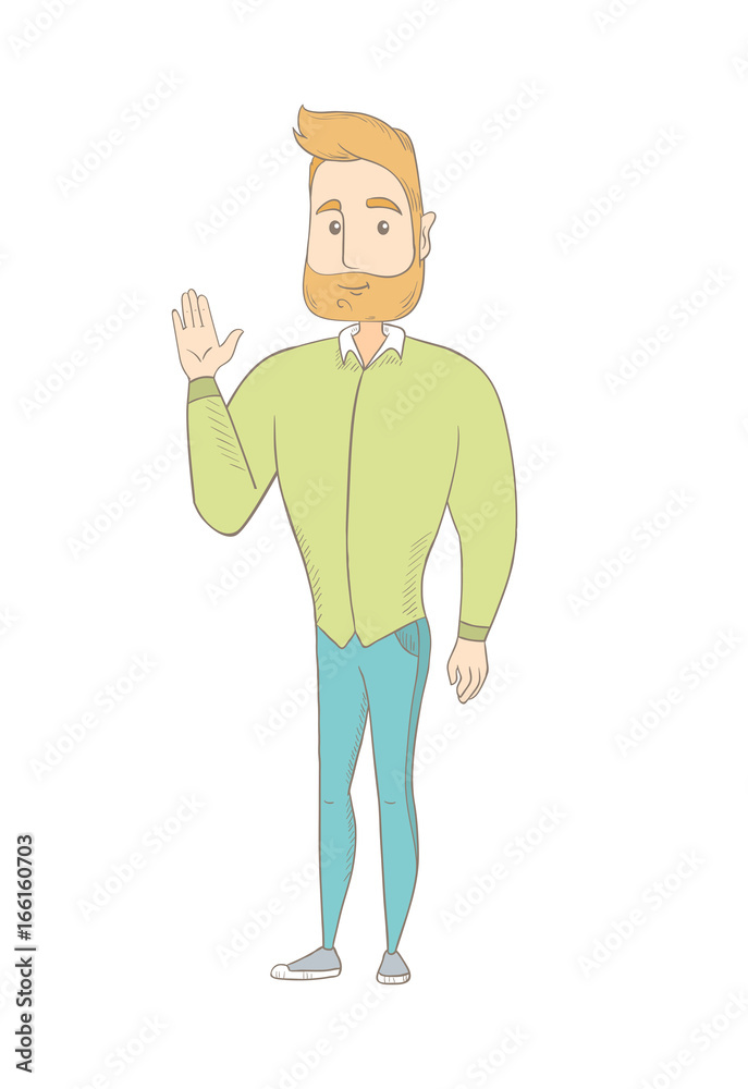 Young caucasian hippie man waving his hand. Young caucasian hippie man waving his hand.