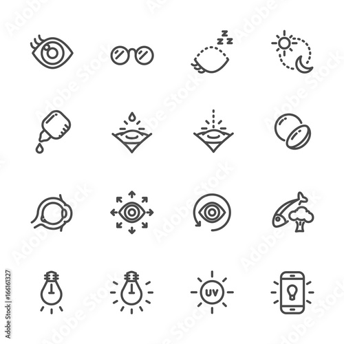 Eye care for good eye health and vision icons. Vector line icons