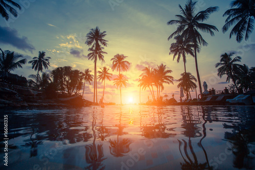 Fototapeta Naklejka Na Ścianę i Meble -  Silhouettes of palm trees on the sea tropical beach during an amazing sunset.