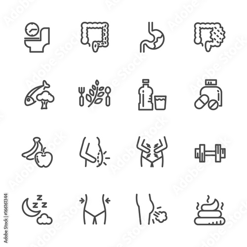 Cause, effect, and prevention of constipation or digestive system. Vector line icons photo
