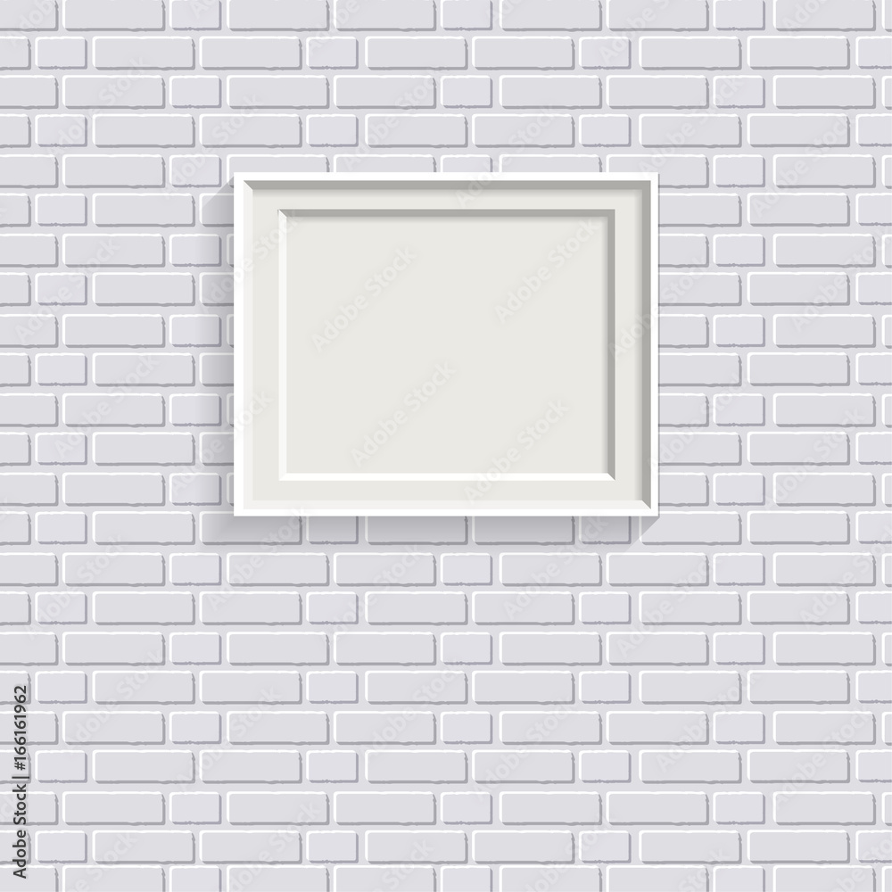 White realistic picture frame on white painted brick wall seamless pattern vector background. Modern photo frame and text to your design projects. Layered vector EPS 10 available. White realistic picture frame on white painted brick wall seamless pattern vector background. Modern photo frame and text to your design projects. Layered vector EPS 10 available.