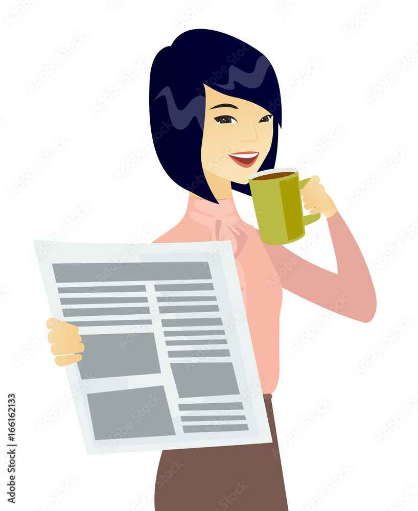 Asian woman drinking coffee and reading newspaper. Asian woman drinking coffee and reading newspaper.