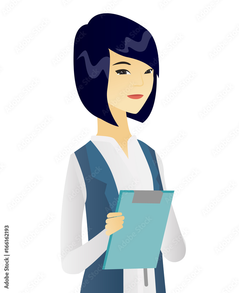 Asian female office worker holding a clipboard. Asian female office worker holding a clipboard.