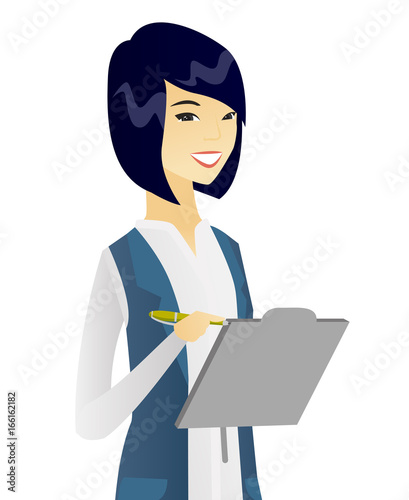 Young asian business woman writing on clipboard.