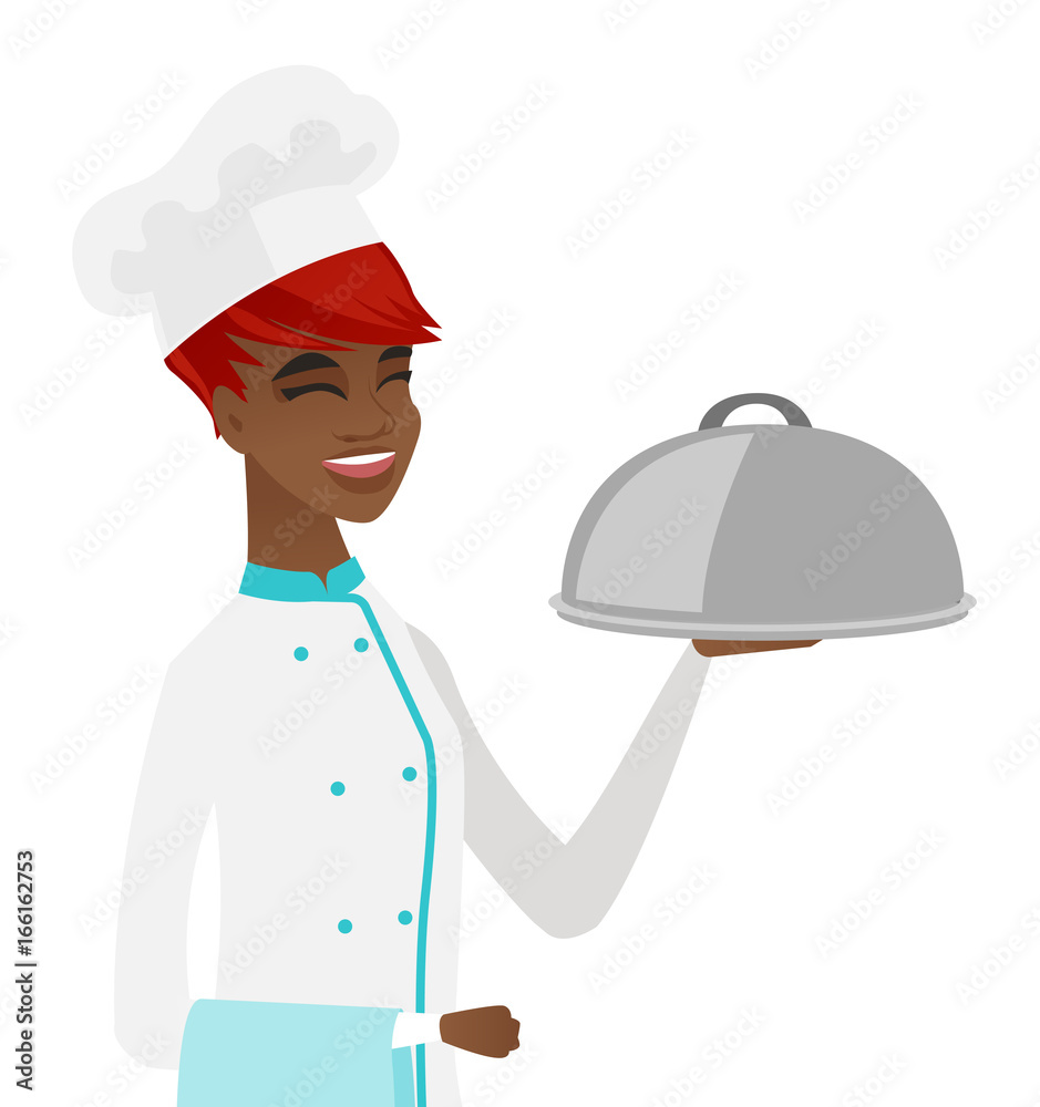 Young african chef holding towel and cloche. Young african chef holding towel and cloche.