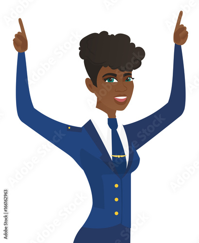 African stewardess standing with raised arms up.