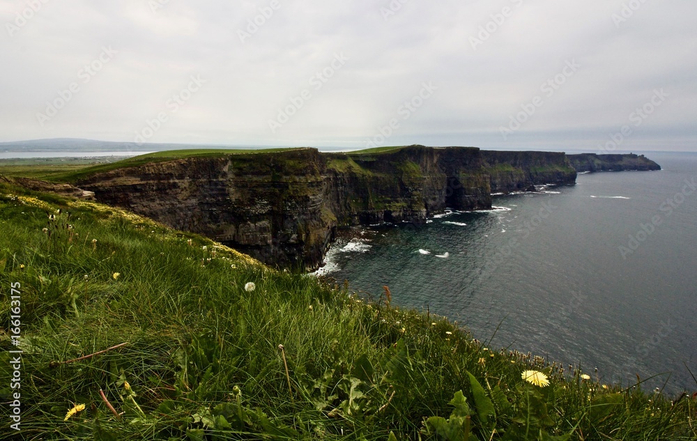 Cliffs of Moher, Ireland - the greenery of the Cliffs of Moher, the sheer cliffs, the gray of a typical Irish sky in spring, and the Atlantic Ocean are on display along the Wild Atlantic Way, Ireland