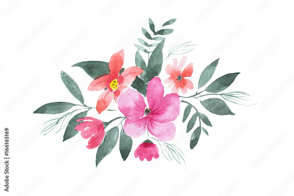 Watercolor drawing of floral composition made of pink and red flowers and leaves