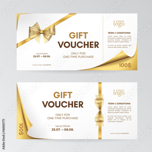 Vector set of modern gift vouchers with curved corners, golden bows and ribbons. Layout for gift cards, coupons and certificates. Isolated from the background.