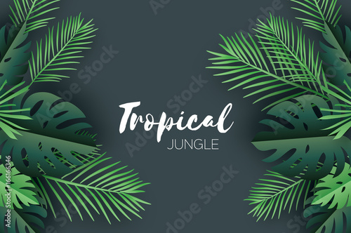 Trendy Summer Tropical palm leaves and plants in paper cut style. Origami Exotic Hawaiian summertime. Space for text. Beautiful dark green jungle floral background. Monstera, palm. Vector