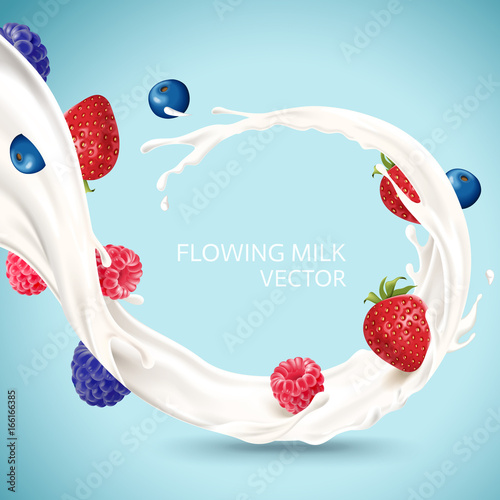 Flowing milk with fruits