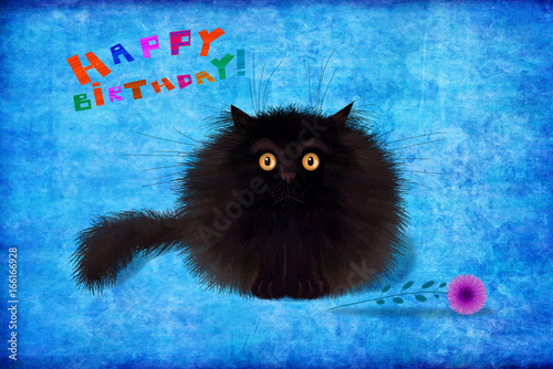 Birthday Card Fluffy Black Kitten Sitting On Blue Background