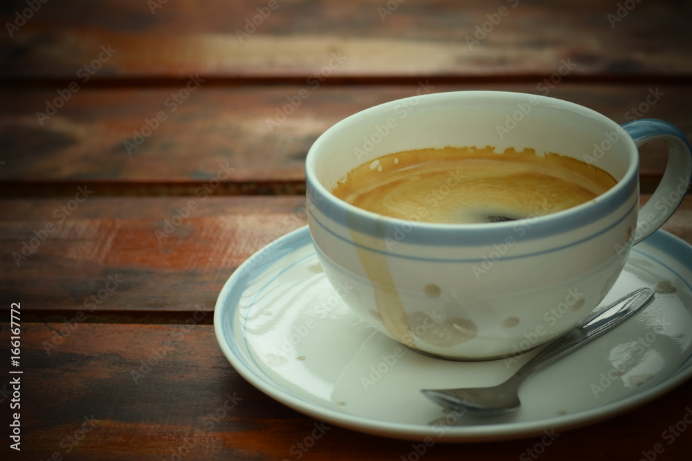 coffee in white cup on wooden background