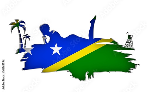 Young woman sunbathing on a beach. Cutout silhouette of the relaxing girl on a grunge brush stroke. Palm and lifeguard tower. Flag of the Solomon Islands on backdrop. 3D rendering.