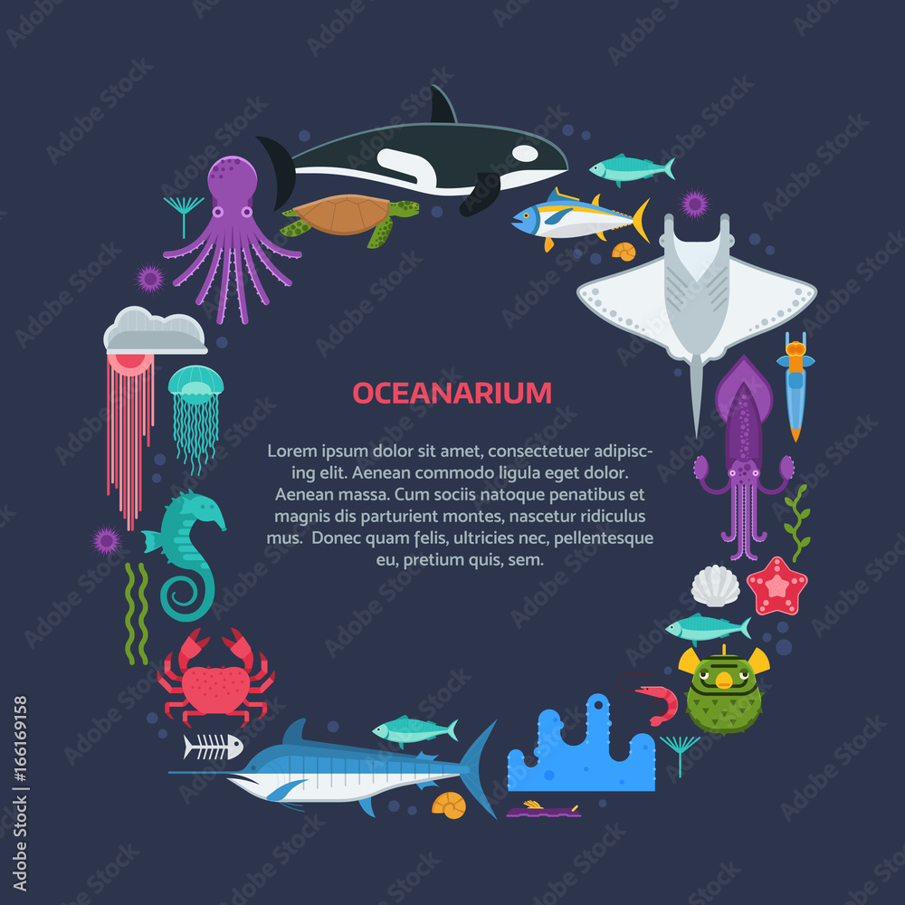 Obraz premium Oceanographic text frame with sea animals and fishes stylized in circle. Ocean and marine creatures and other aquatic life background with space for text. Oceanarium card template.