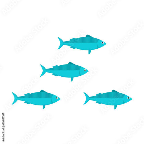 Blue sardine run vector illustration in flat design. Cartoon fish shoal isolated on white background. Herring or anchovy school in flat design.