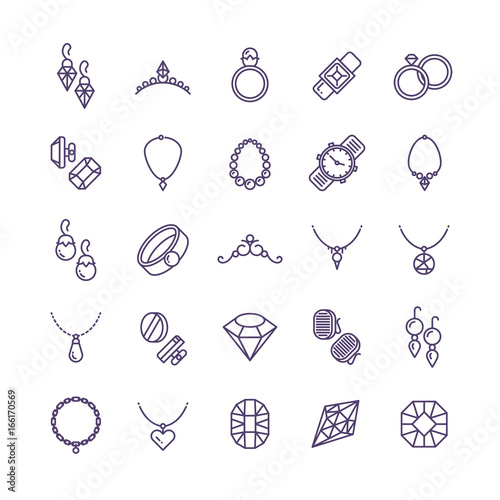 Expensive gold jewelry with diamond vector line icons and wedding accessories symbols