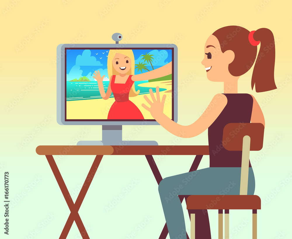 Video chat between friends in headset on computer with camera. Online chatting and comunication vector concept Video chat between friends in headset on computer with camera. Online chatting and comunication vector concept