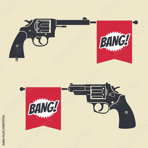 Shooting toy gun pistol with bang flag vector icon photo