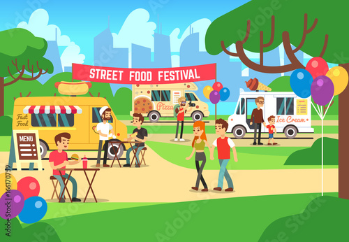 Cartoon street food festival with people and trucks vector background