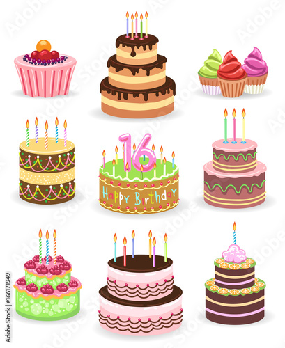 Birthday cake set isolated on white background. Tasty anniversary party cakes with candles and chocolate vector illustration for greeting cards