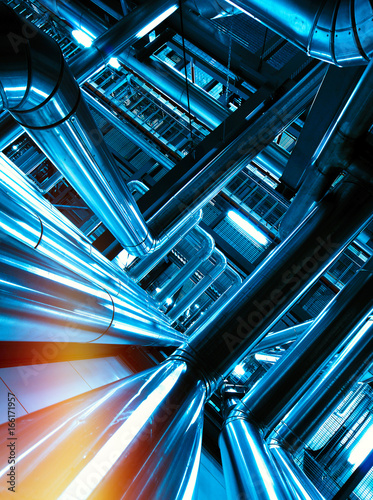 Industrial zone, Steel pipelines and cables in blue tones