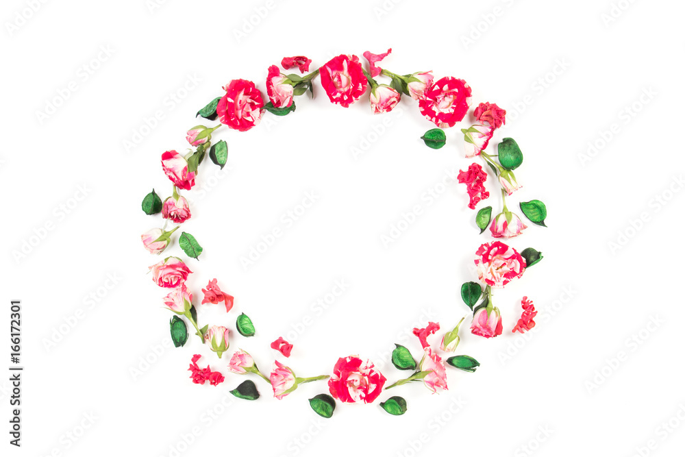 Flowers composition. Wreath made of fresh roses and dried flowers on white background. Flat lay, top view