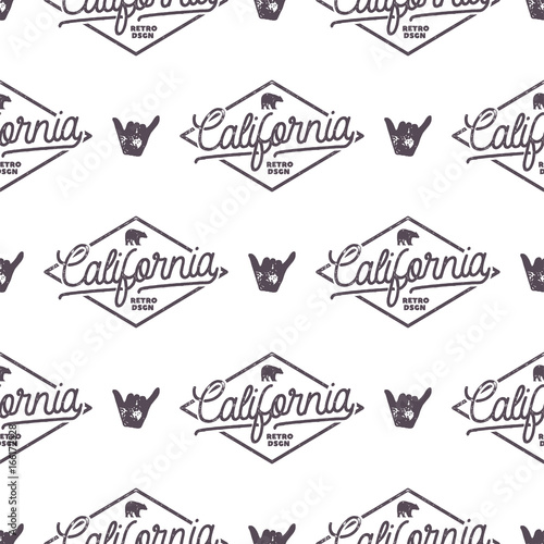 California Surfing monochrome seamless pattern with shaka sign and typography elements. Wilderness wallpaper design. White isolated background. For web design, t shirts, wrapping paper. Stock vector