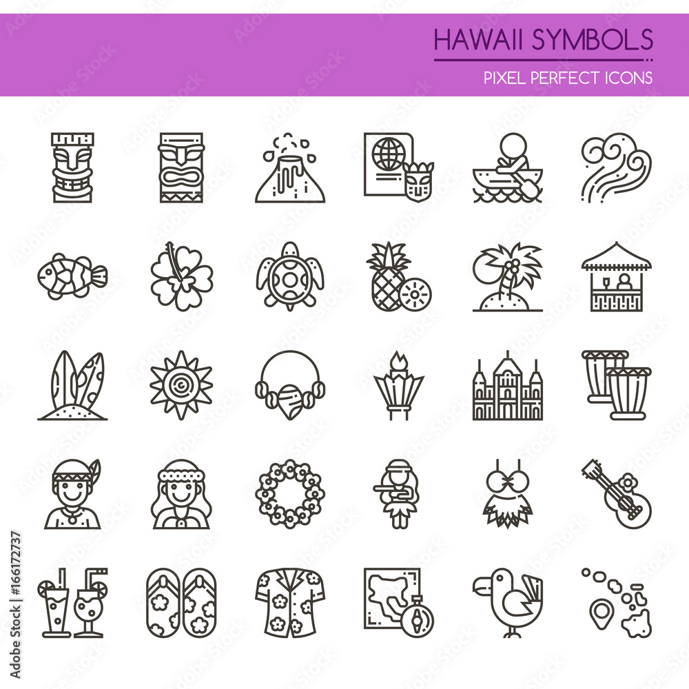 Hawaii Symbols , Thin Line and Pixel Perfect Icons.