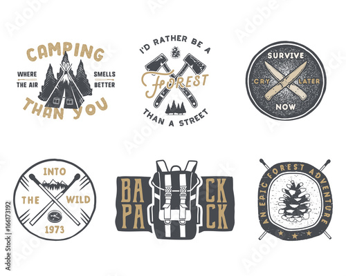 Vintage hand drawn travel badge and emblem set. Hiking labels. Outdoor adventure inspirational logos.Typography retro style. Motivational quotes for prints, t shirts, travel mug.Stock vector isolated