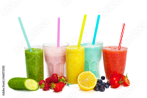 Collage of glasses with fresh delicious smoothie and straw on white background